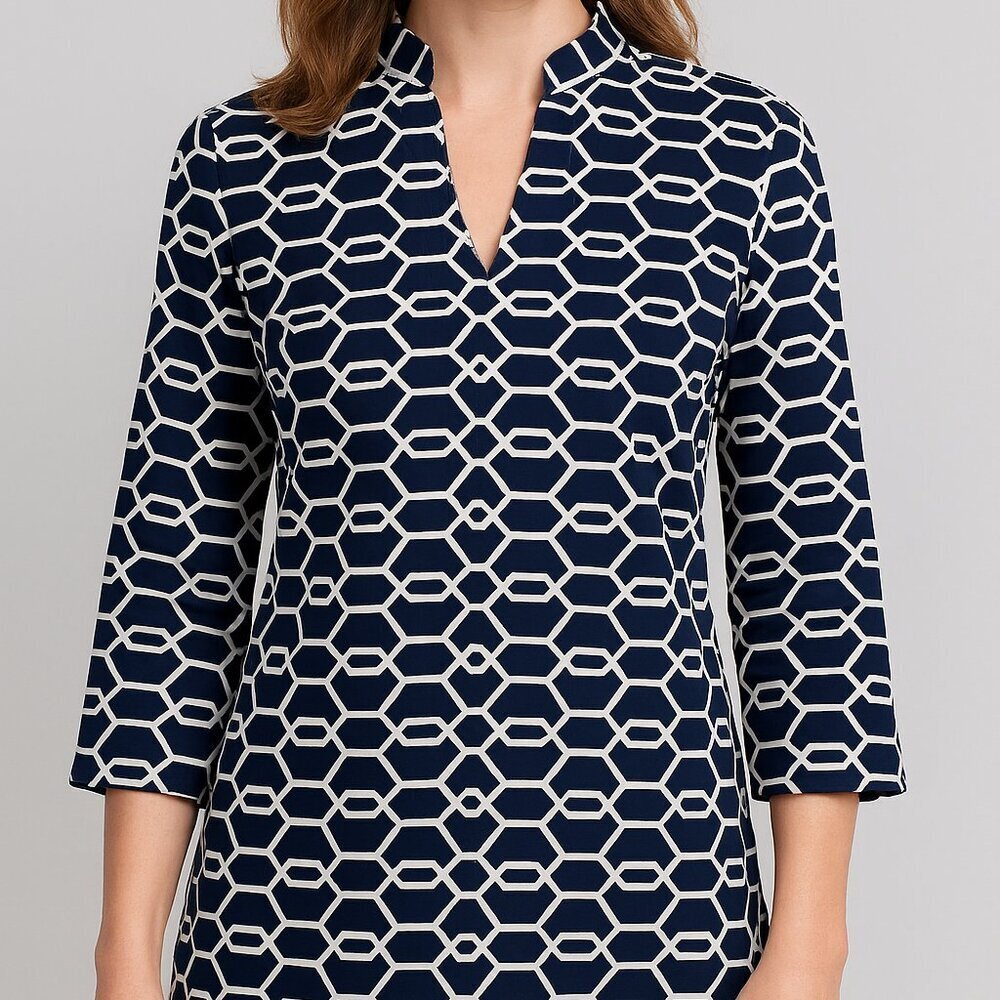 Brooks Brothers Geometric Print Tunic Top Navy/White Cotton